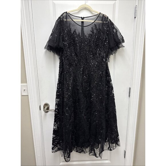 MAC DUGGAL Size 22 Black 20477 Flutter Sleeve Embellished Cocktail Midi Dress - Picture 4 of 10